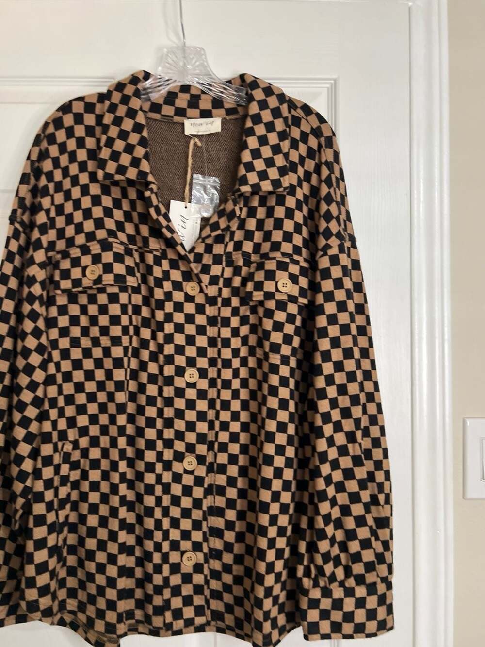 New In Brown and Black Checkered Button-Down Shacket Size 2X - Picture 3 of 6